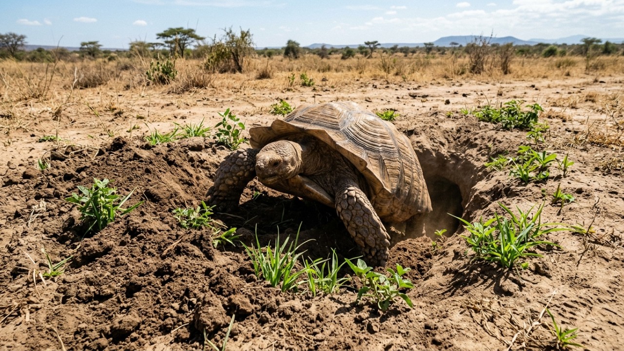 Tentaram plantar árvores por décadas e falharam várias vezes, então soltaram 500 tartarugas gigantes e, cinco anos depois, o solo começou a ficar verde onde antes só havia areia A reintrodução de animais nativos no Sahel representa uma estratégia natural eficiente para combater o avanço da desertificação. – Imagem gerada por IA