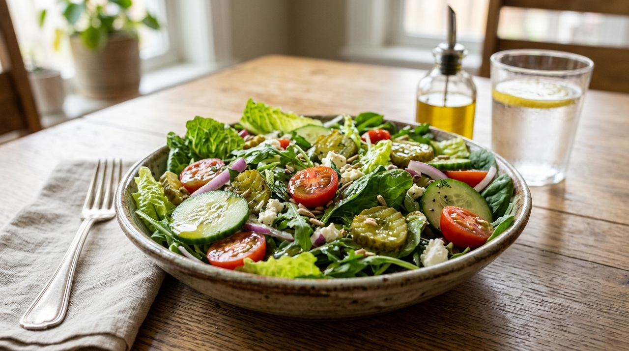 Os cozinheiros espanhóis concordam: “O melhor molho para saladas não é apenas azeite e vinagre; fica muito melhor com picles.” Para fazer o molho para saladas, coloque vinagre, um pouco do líquido dos picles, mostarda e pimenta em uma tigela.
