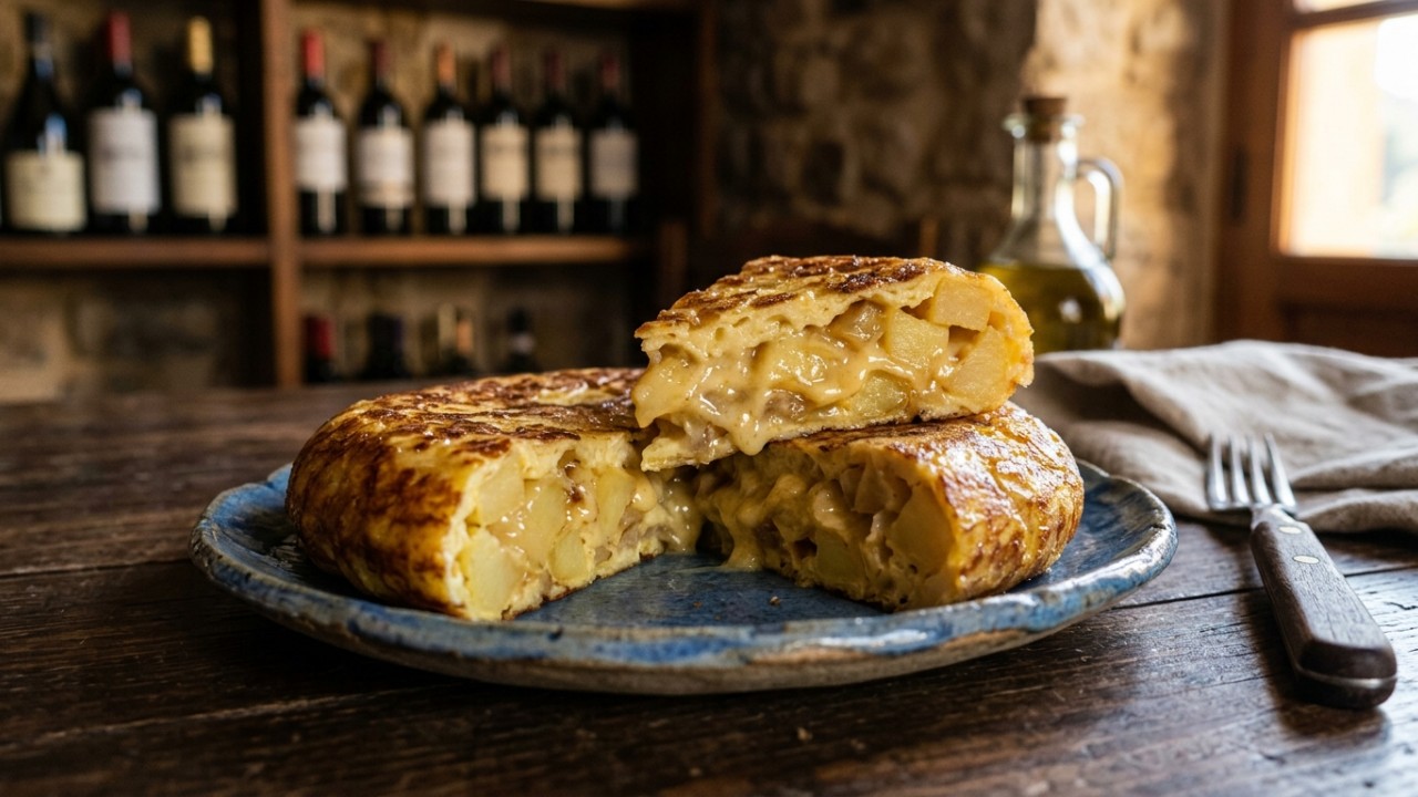 Os segredos centenários das tabernas de Madri revelam que o ponto ideal da tortilla mantém o centro menos cozido. – Imagem gerada por IA