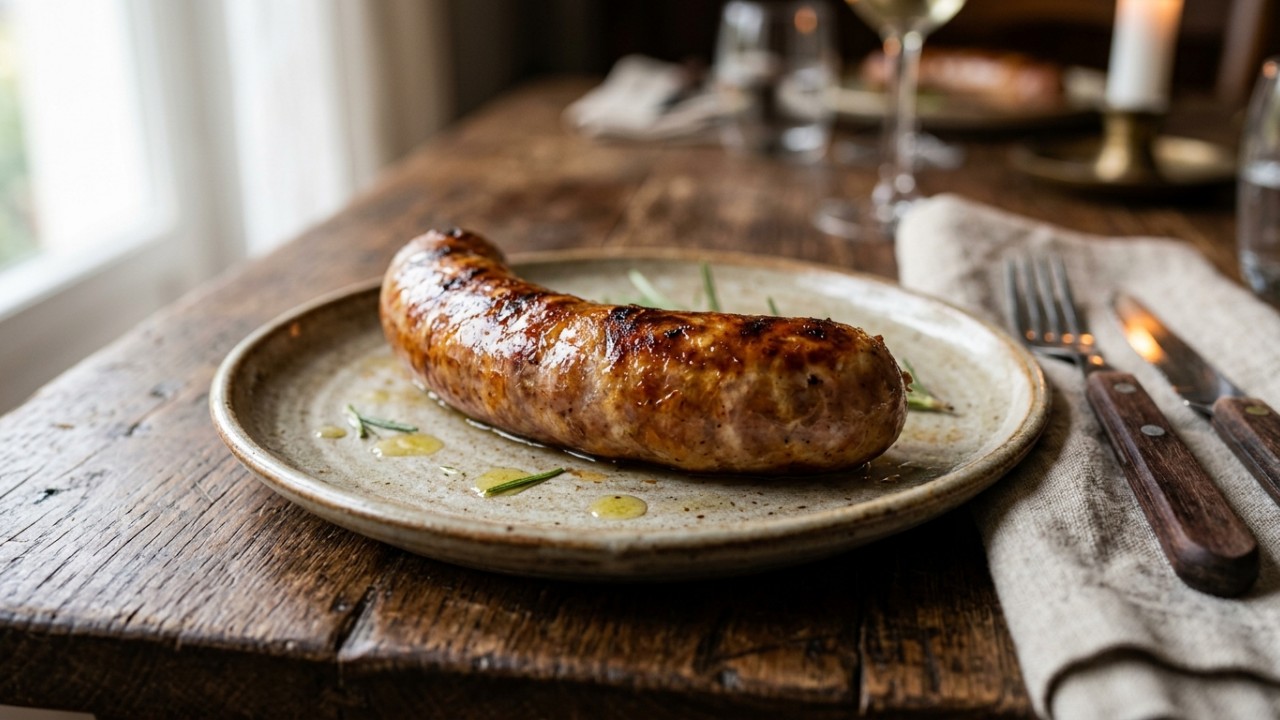 Uma colher de vinagre na água quente impede que os embutidos estourem e preserva todo o sabor da carne. – Imagem gerada por IA