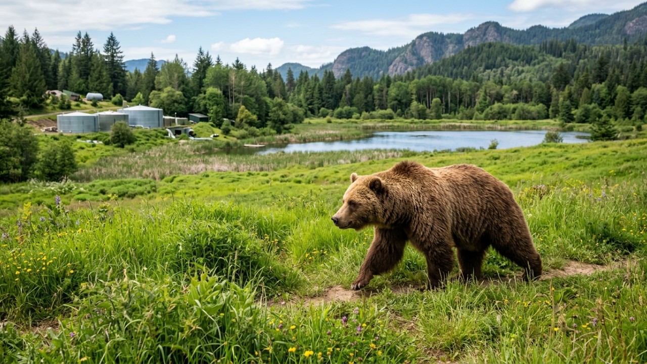 Após anos de confinamento severo em uma jaula minúscula, a ursa Hope foi resgatada e hoje vive com total dignidade no BEAR SANCTUARY Prishtina. – Imagem gerada por IA