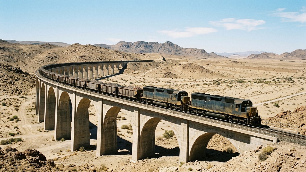 O avanço da infraestrutura ferroviária no deserto otimiza o escoamento de minerais e redefine a eficiência comercial na região. – Imagem gerada por IA