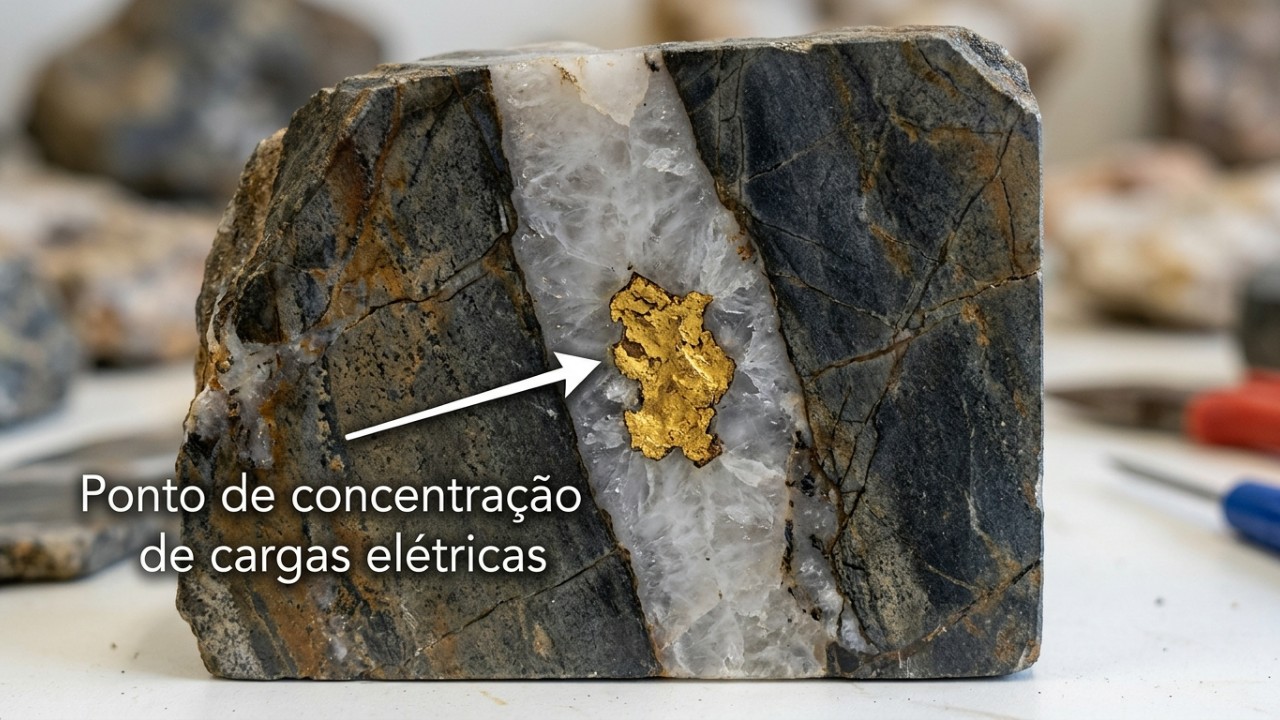A piezoeletricidade induzida pela pressão tectônica concentra o ouro em veios minerais. – Imagem gerada por IA