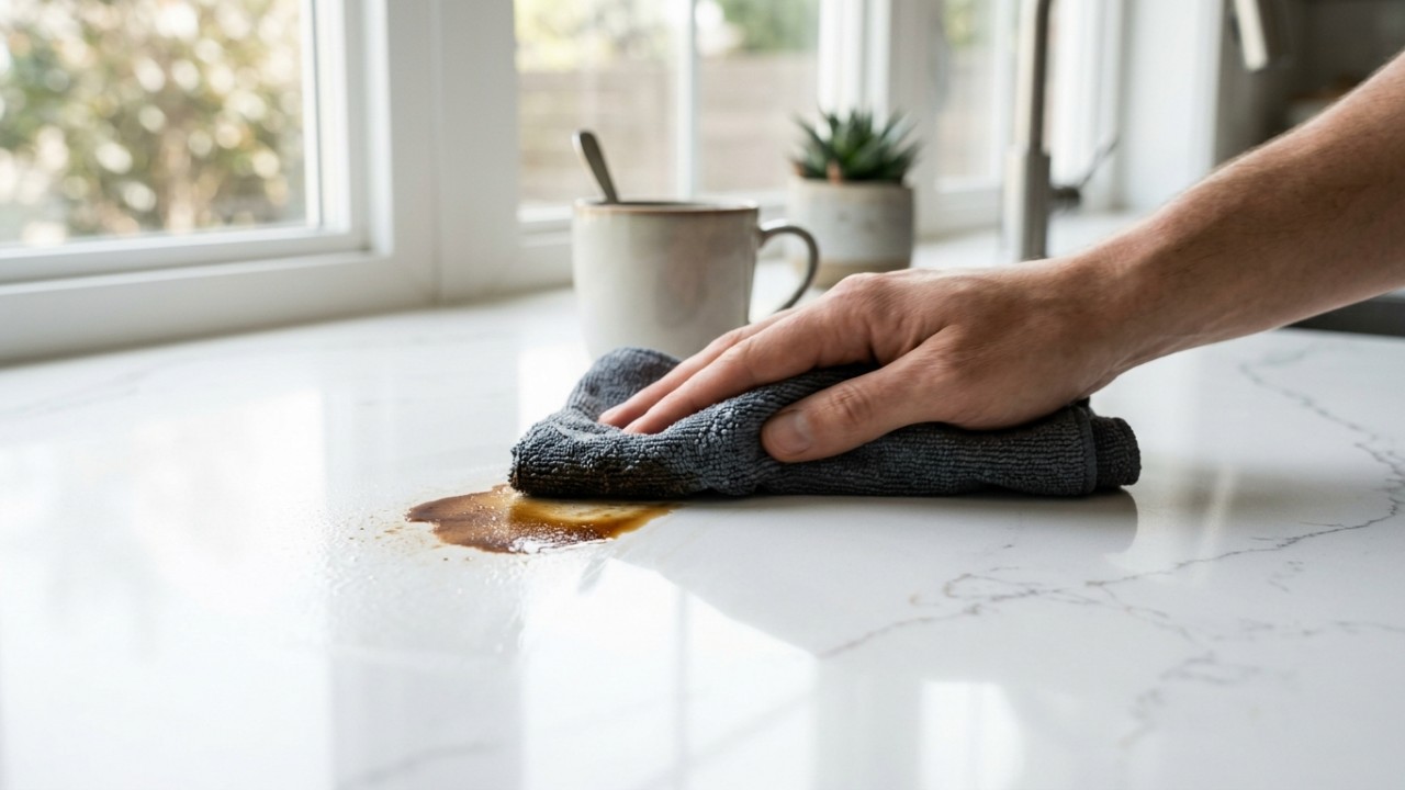 A substituição de tampos convencionais por porcelanato slim otimiza a rotina moderna com sua facilidade de limpeza e durabilidade excelente. – Imagem gerada por IA