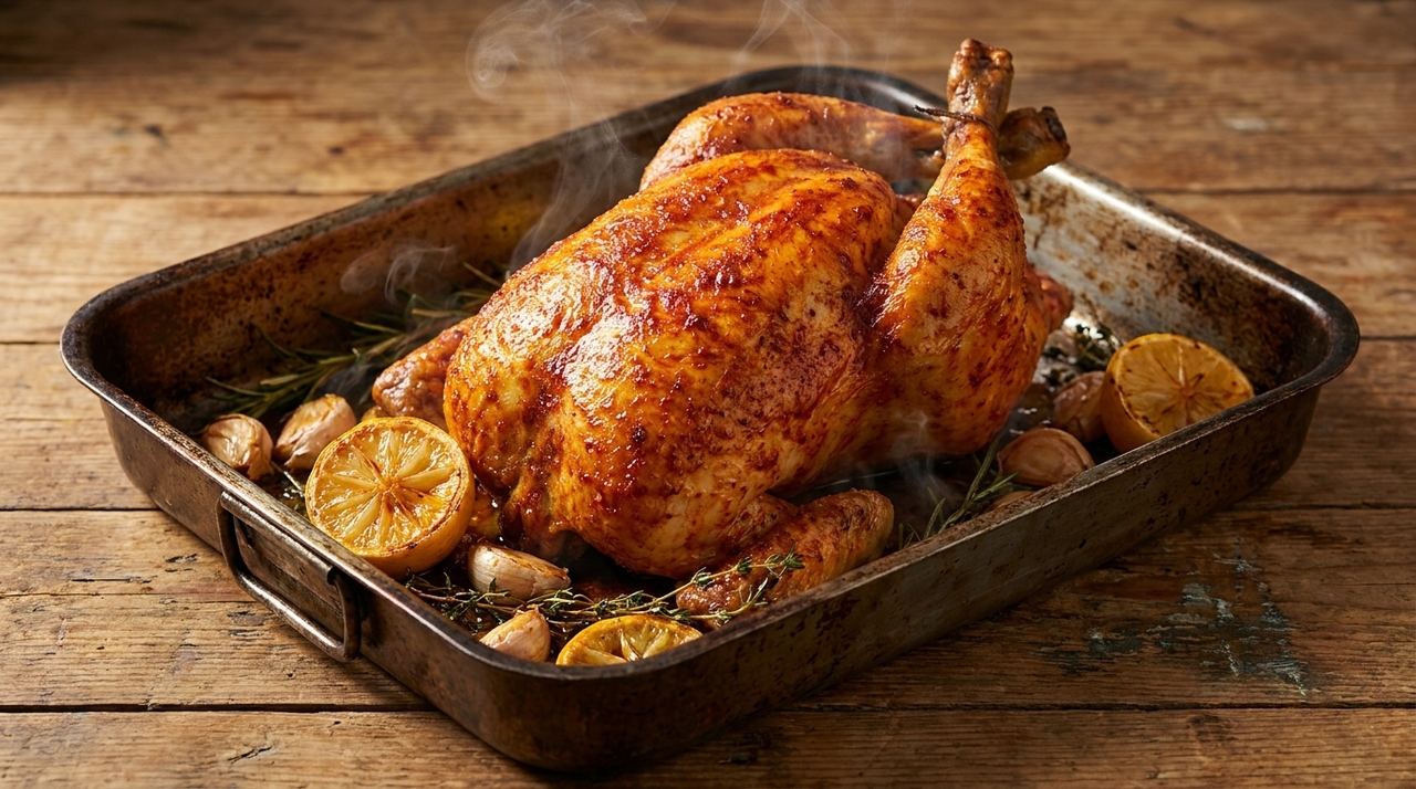 O melhor frango assado não é feito com mais óleo, mas com suco de limão, alho e páprica defumada O ideal é temperar o frango com antecedência para que a carne absorva melhor os sabores.