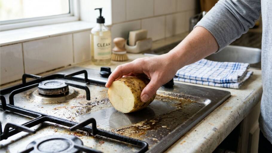 O atrito natural da batata auxilia na limpeza de superfícies lisas
