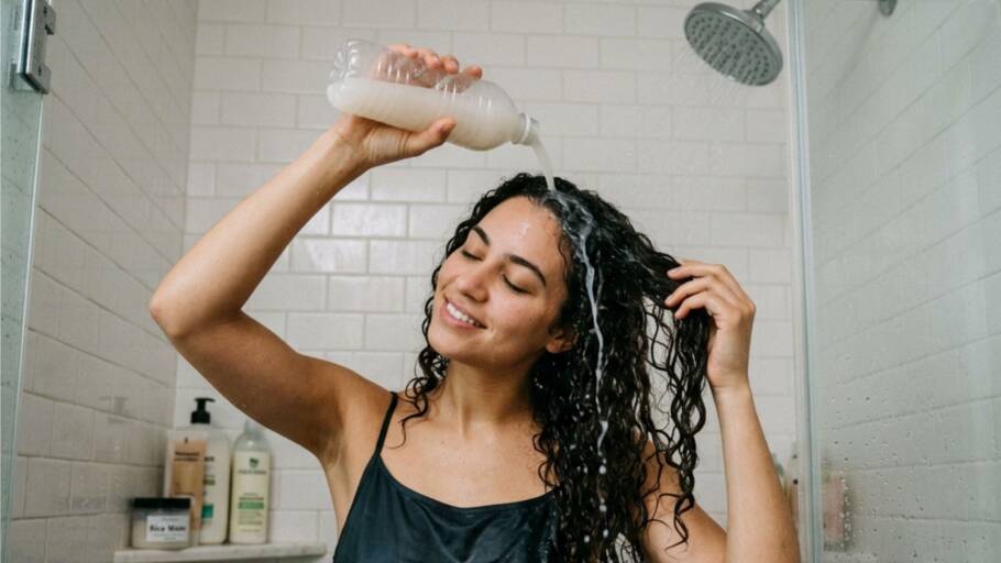Truque japonês água de arroz fermentada no banho para reduzir frizz e ressecamento em cabelo longo exposto à umidade do verão A água de arroz fermentada é usada no banho como tratamento capilar natural
